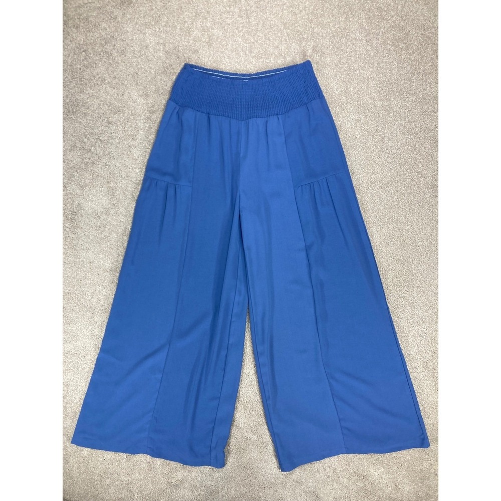 Faeriesty Smocked Waist Wide Leg Palazzo Pants Women 2X Blue Pleated Summer Chic